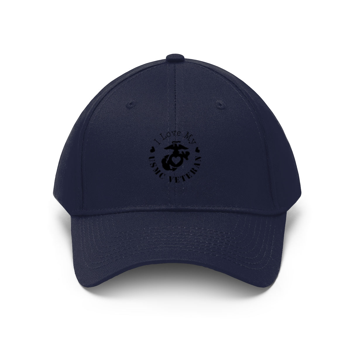 I Love My USMC Veteran Twill Cap navy hat with embroidered USMC logo, perfect for proud military supporters.