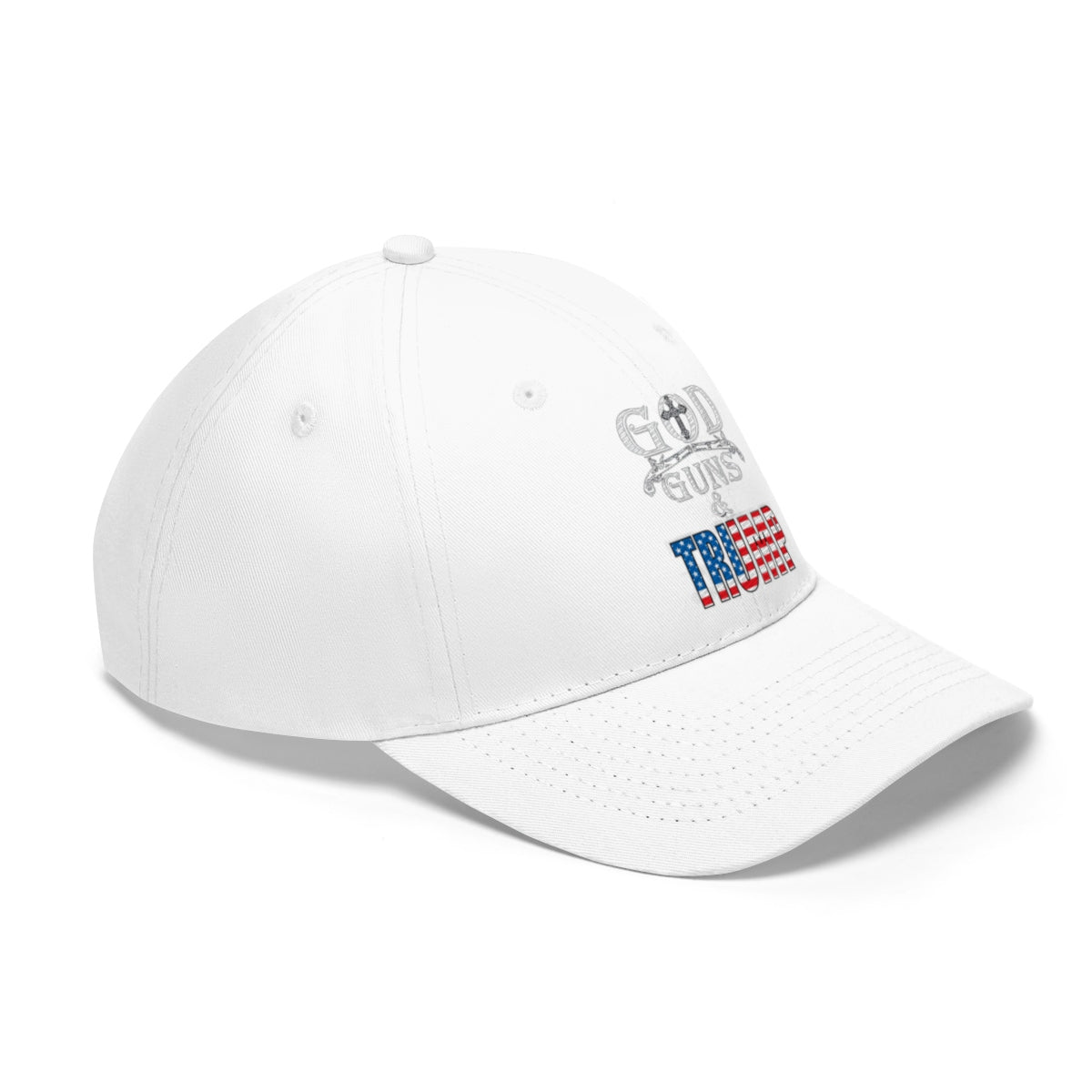 God Guns And Twill Cap Trump Patriotic Statement Hat featuring a white background and American flag design.