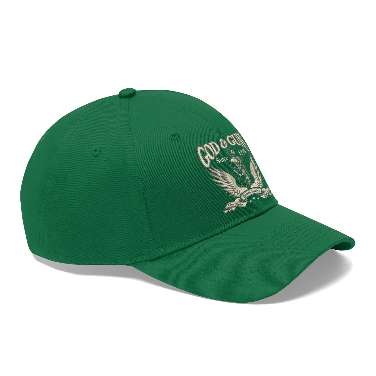 God And Guns Since 1776 Twill Cap in green, showcasing American values and heritage with a bold design.