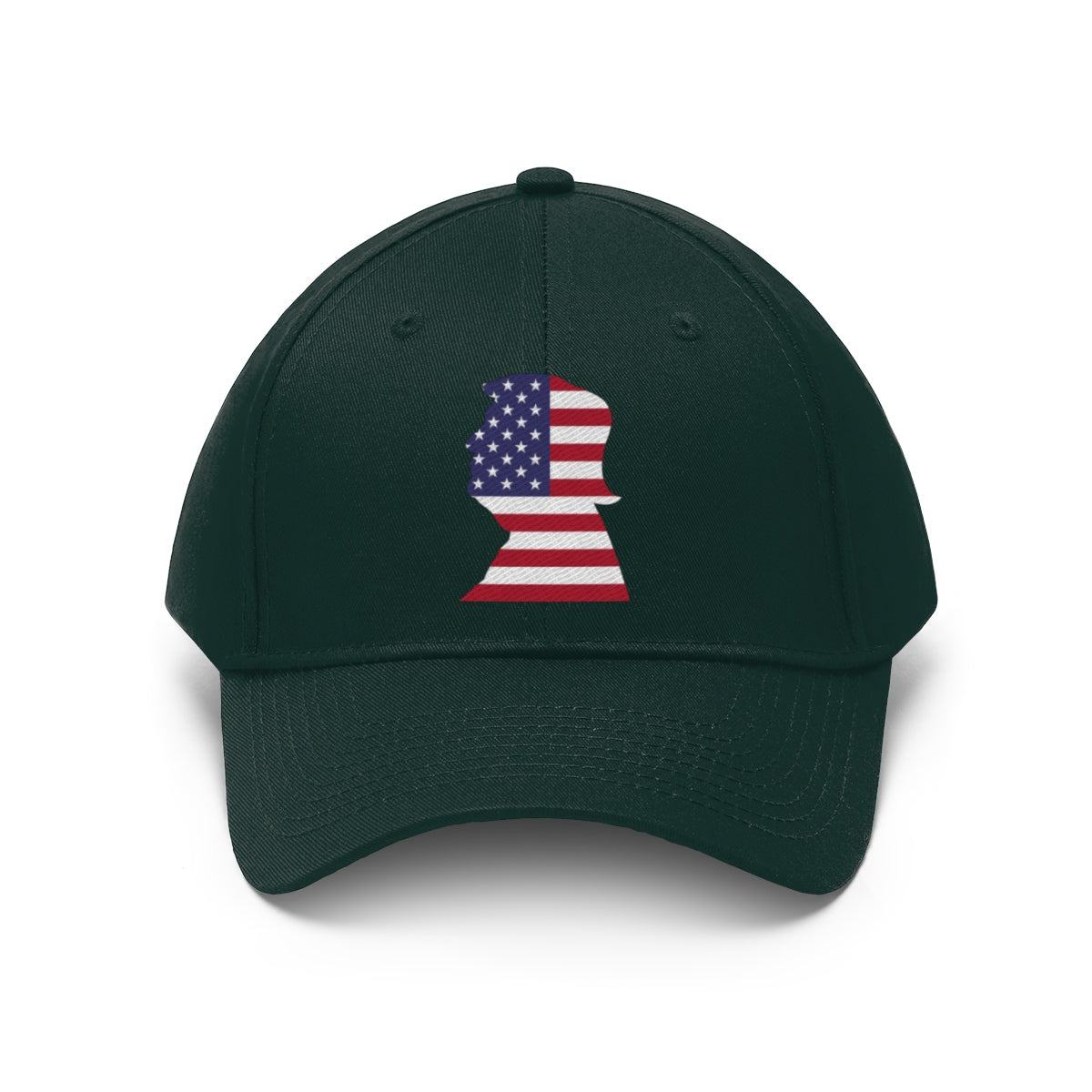 Trump American Flag SilhouetteTwill Cap featuring a striking silhouette design on a dark cap.