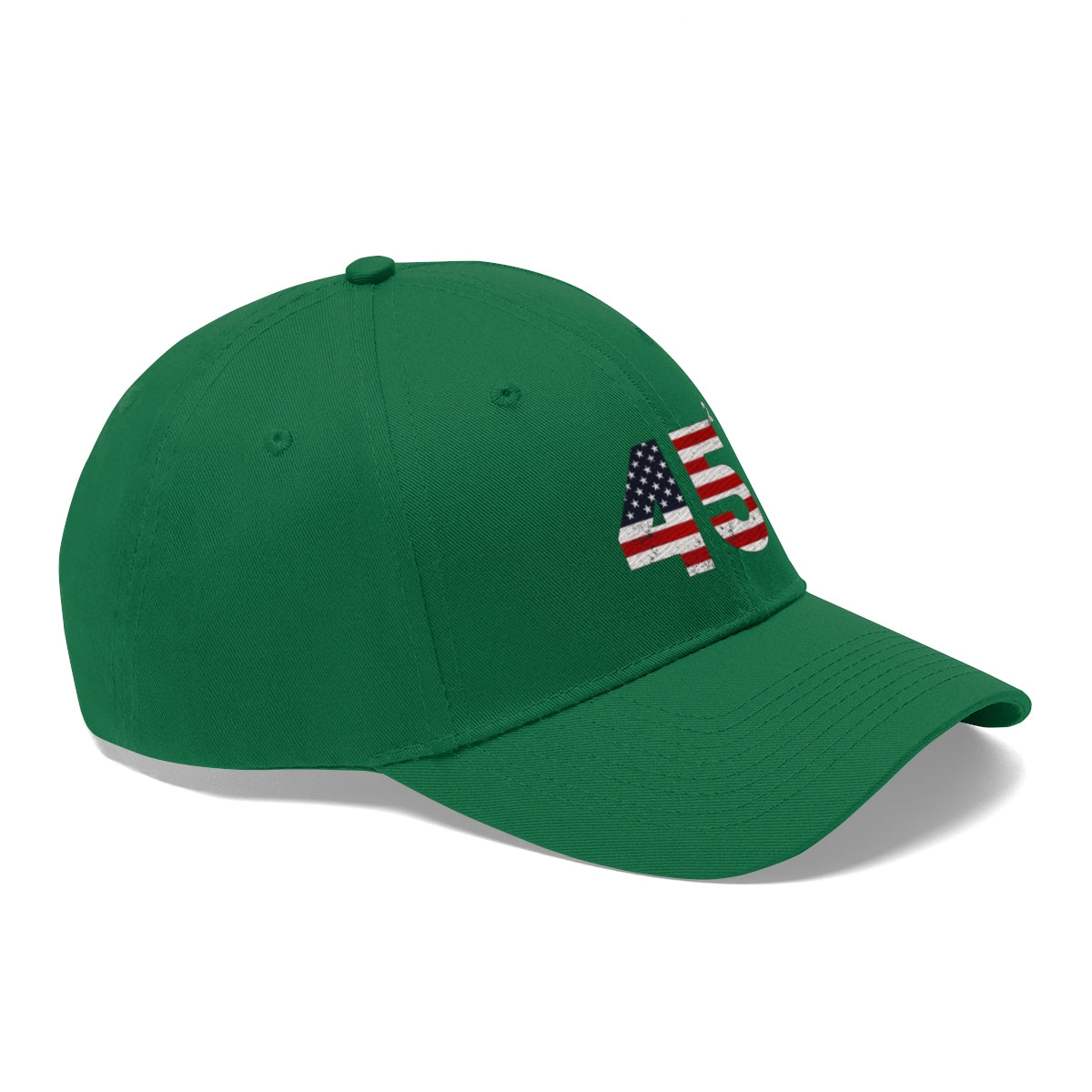 45 Squared Twill Cap Bold Numeric Statement Hat in green with American flag design.