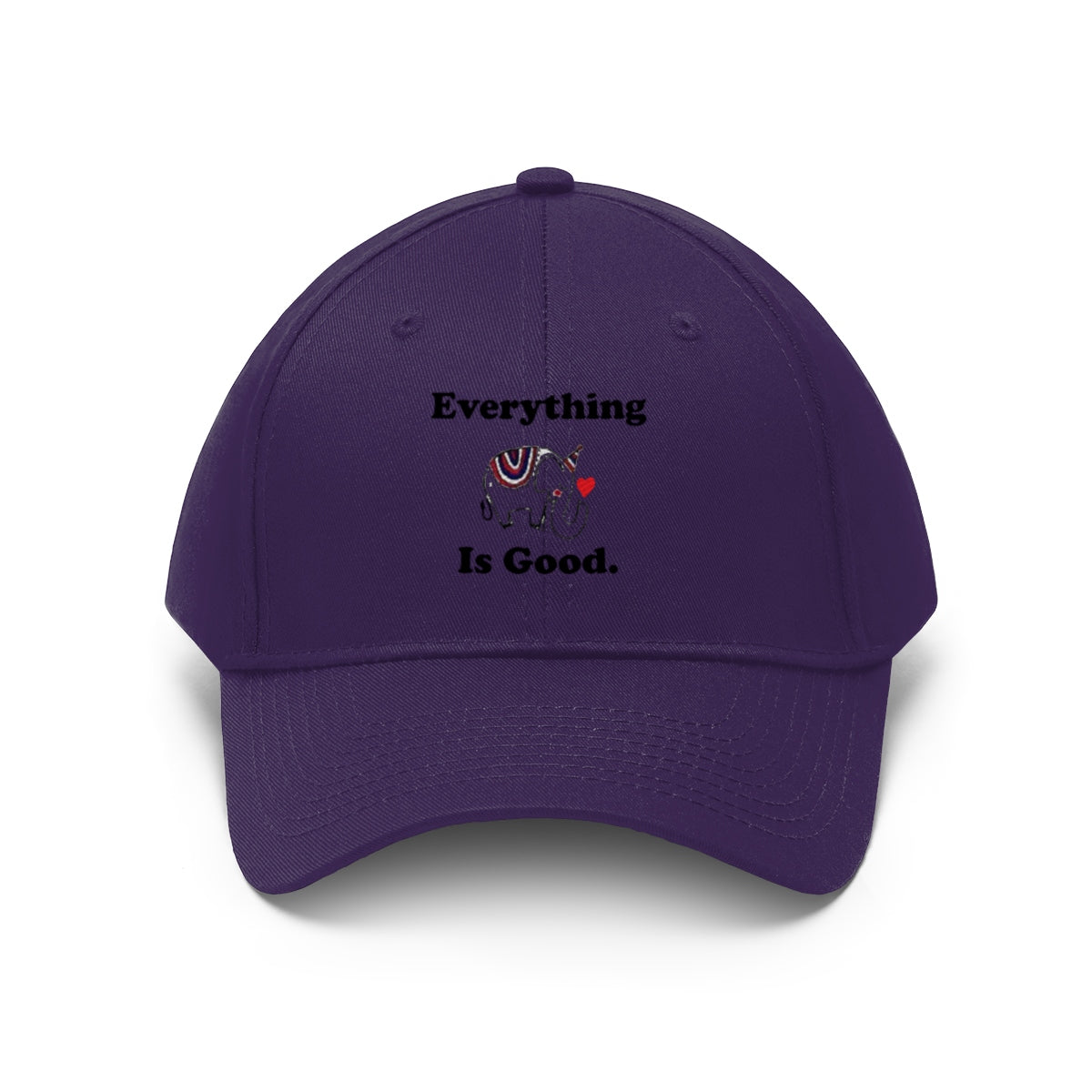 Everything Is Good With GOP Elephant Symbol Twill Cap featuring a colorful elephant design on a purple cap.