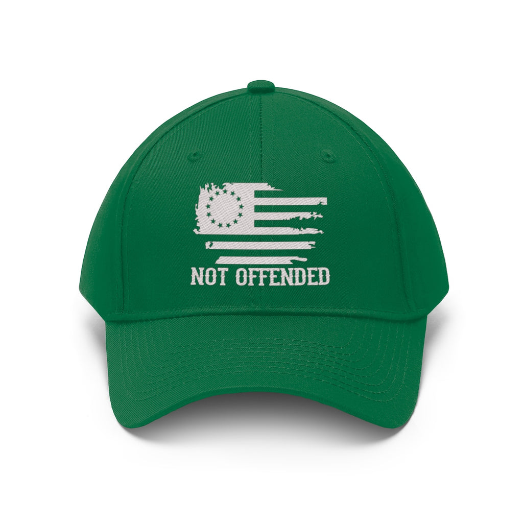 Embroidered Not Offended Adjustable Twill Cap in green with flag design and text "NOT OFFENDED".