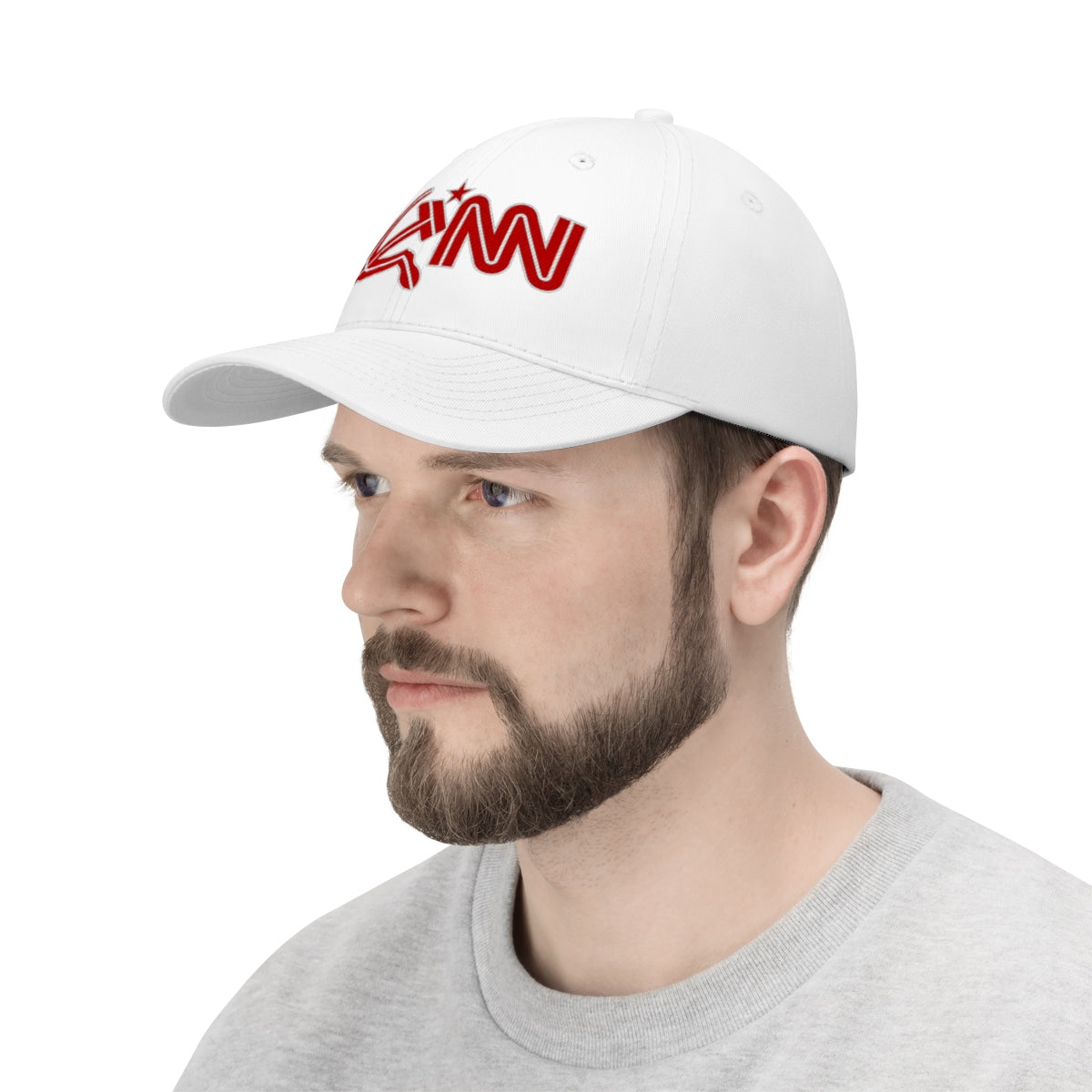 CNN Logo as Hammer and Sickle Twill Cap worn by a man with a beard and white hat.