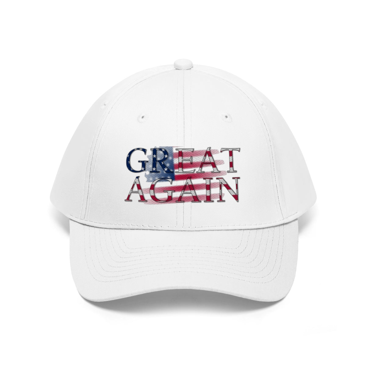 Great Again On Faded American Flag Twill Cap featuring a classic American flag design on a white cap.