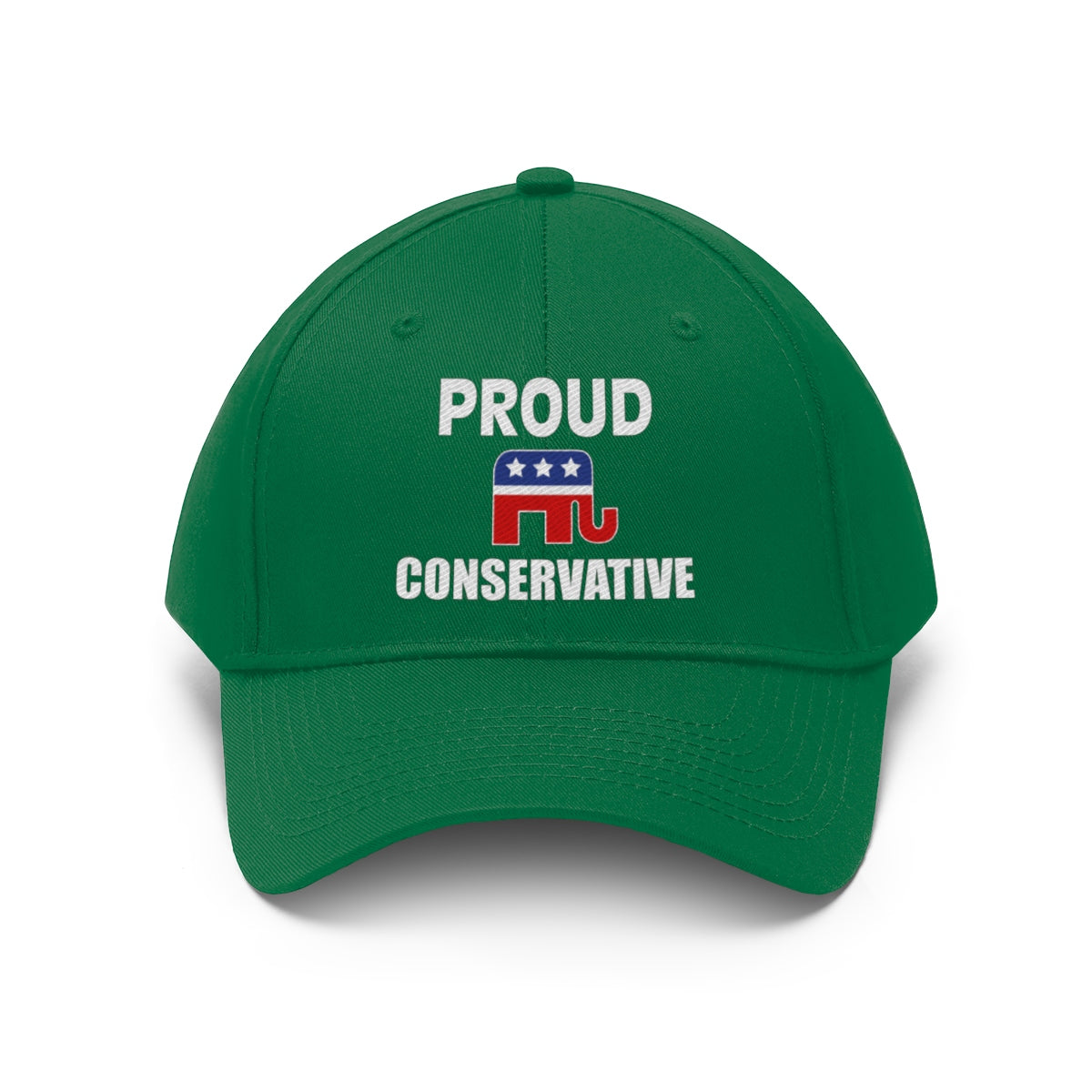 Classic Proud Conservative Twill Baseball Cap with green fabric and bold text design.