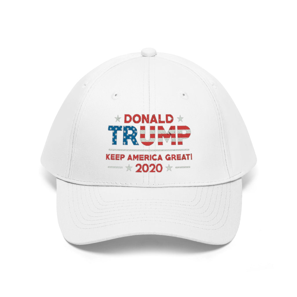Donald Trump Keep America Great 2020 Twill Cap featuring patriotic colors and slogan.