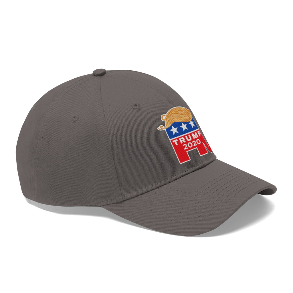 Hair 2020 Twill Baseball Cap Featuring Trump in gray with red and blue design.
