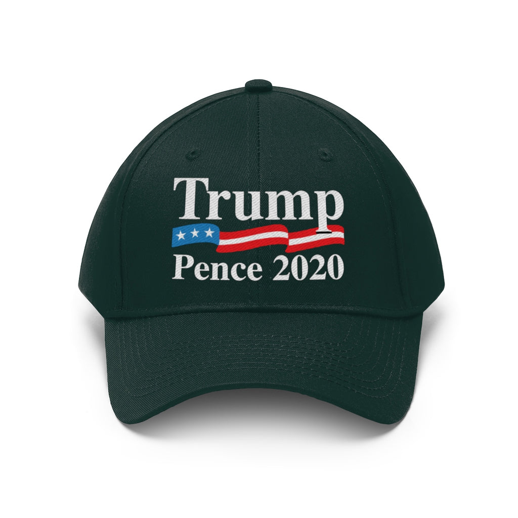 Trump Pence 2020 American Flag Twill Cap featuring embroidered logo on a dark cap for political supporters.