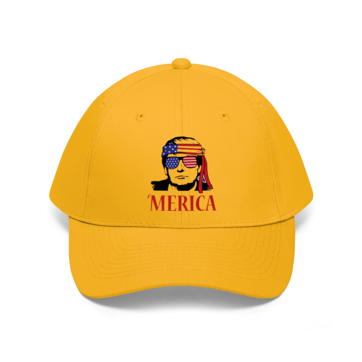Classic Merica Baseball Cap with Trump Design featuring an iconic design on a yellow background.