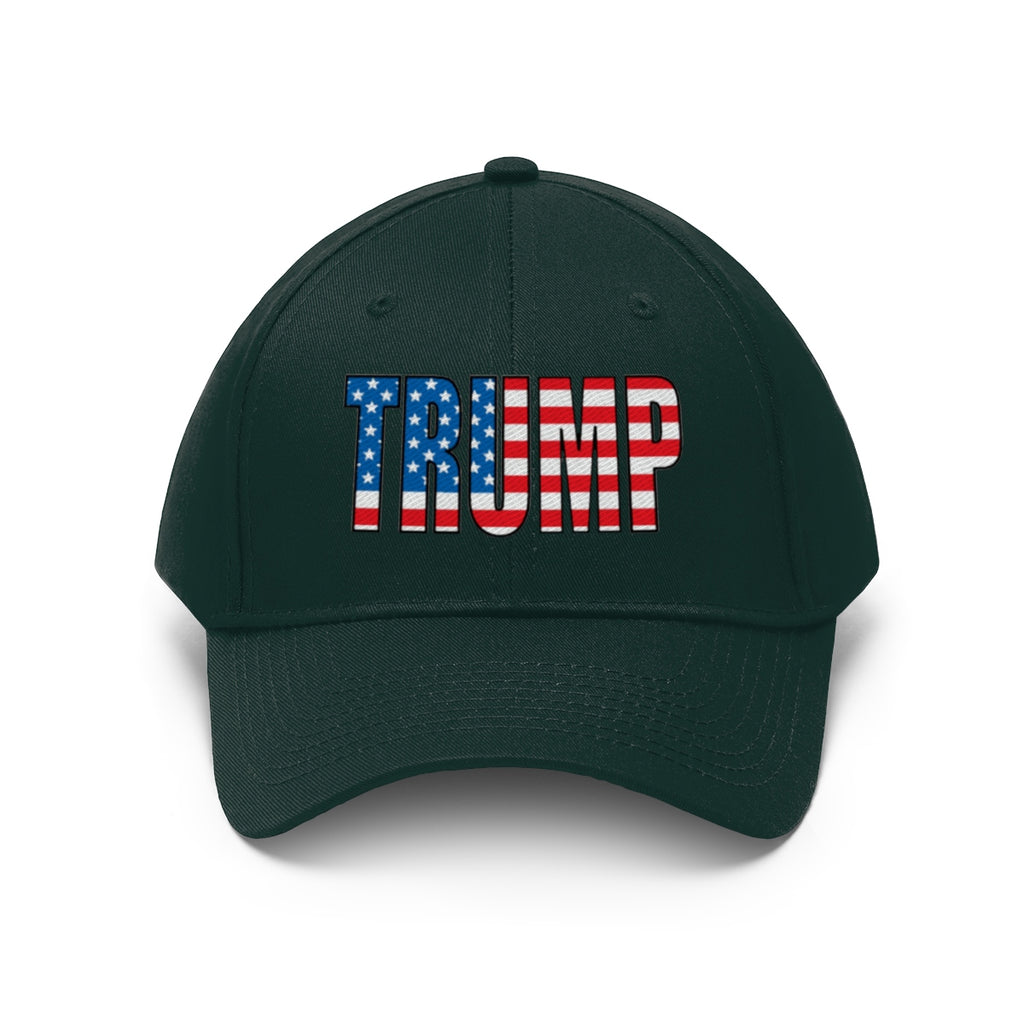 American Flag Twill Cap Patriotic Trump Classic Cap featuring the word TRUMP in red, white, and blue colors.
