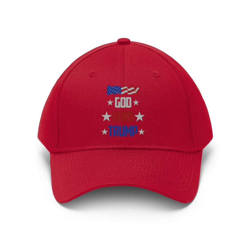 Red God Guns Trump Patriotic Twill Cap featuring an American flag design and patriotic text.