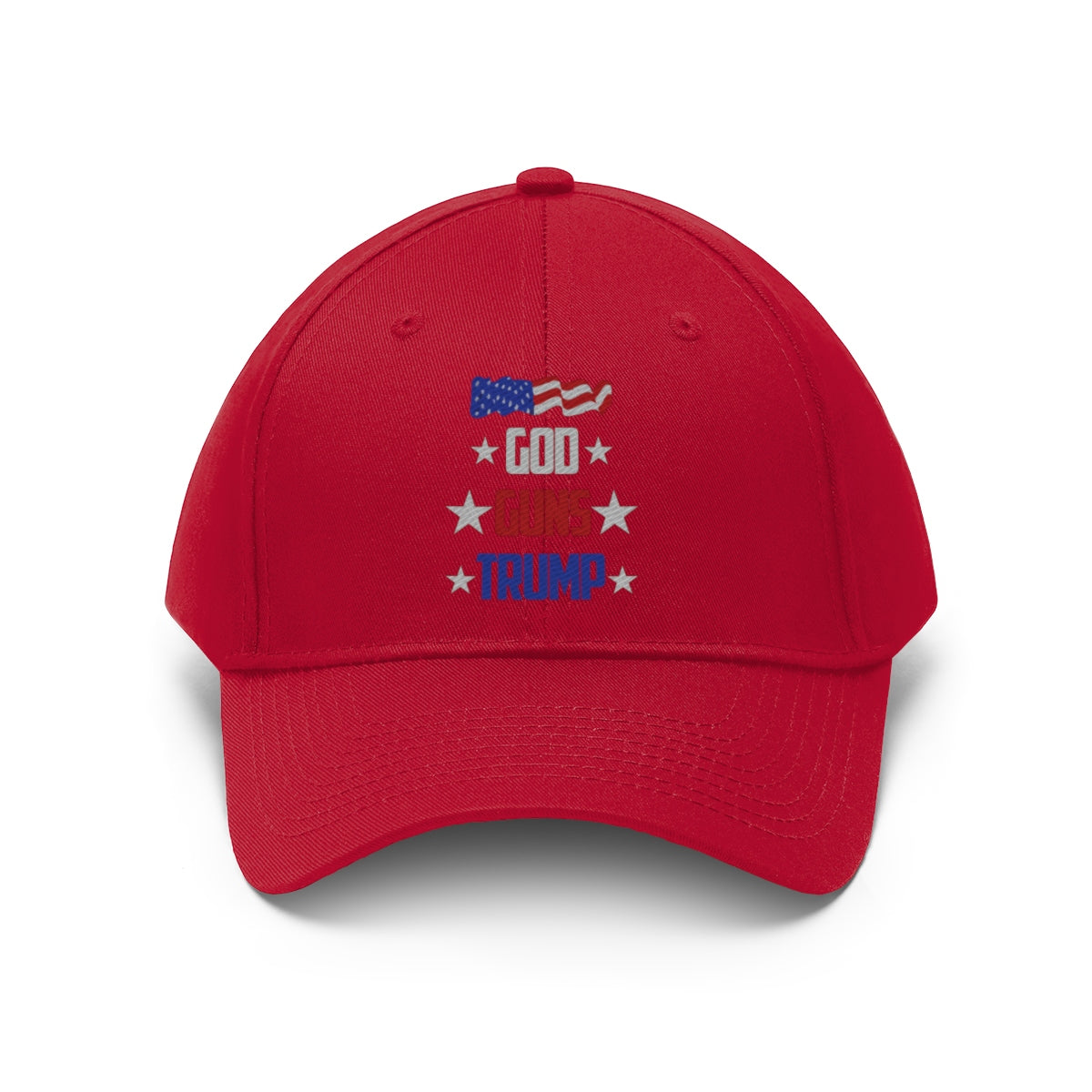 Red God Guns Trump Patriotic Twill Cap featuring an American flag design and patriotic text.