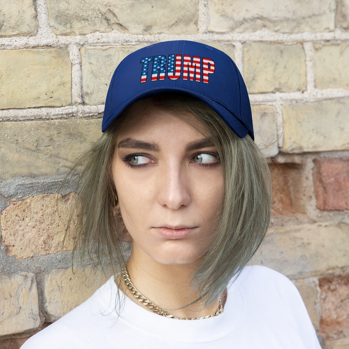 American Flag Twill Cap Patriotic Trump Classic Cap displayed on a model against a brick wall background.