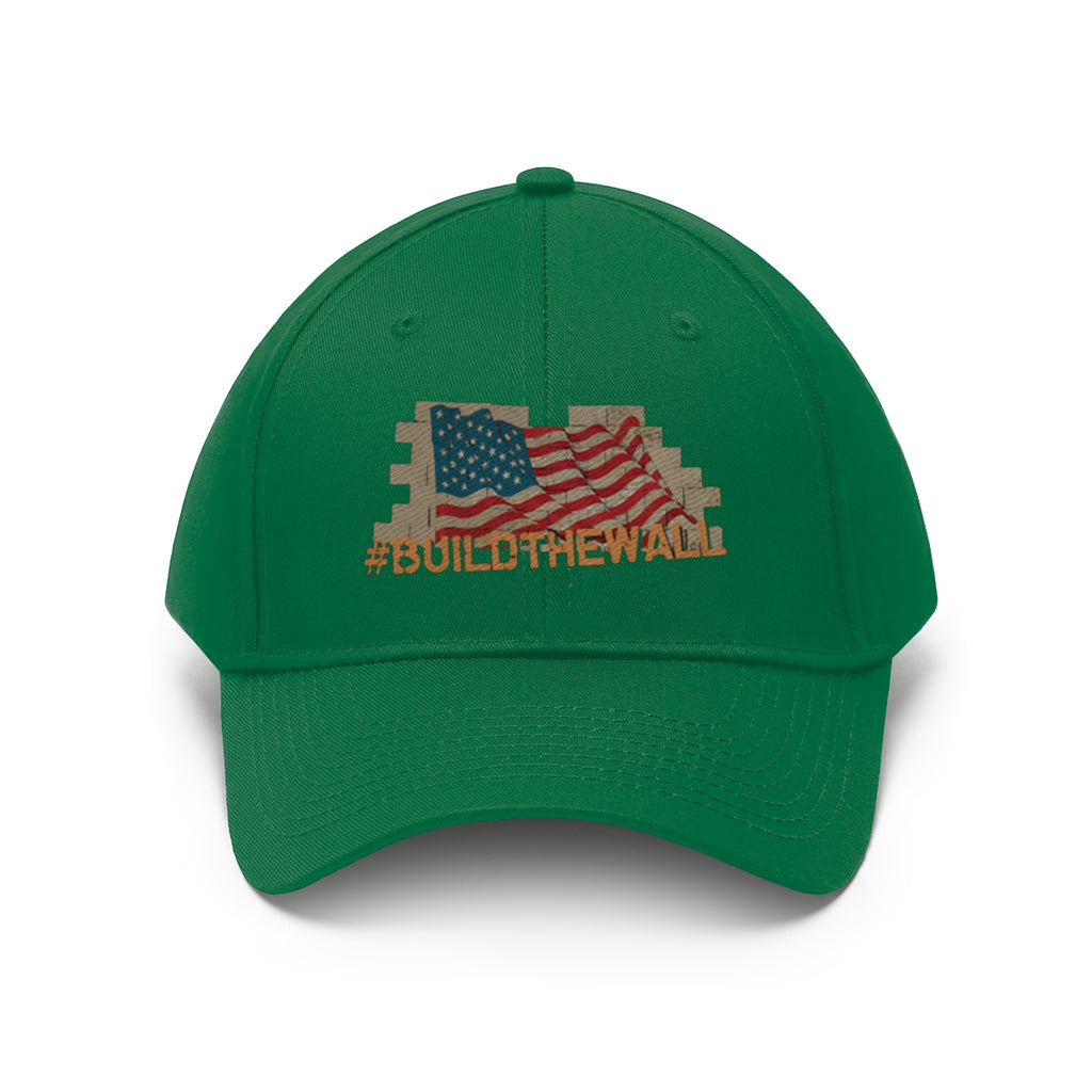 Build The Wall On American Flag Twill Cap featuring American flag design on a green cap.
