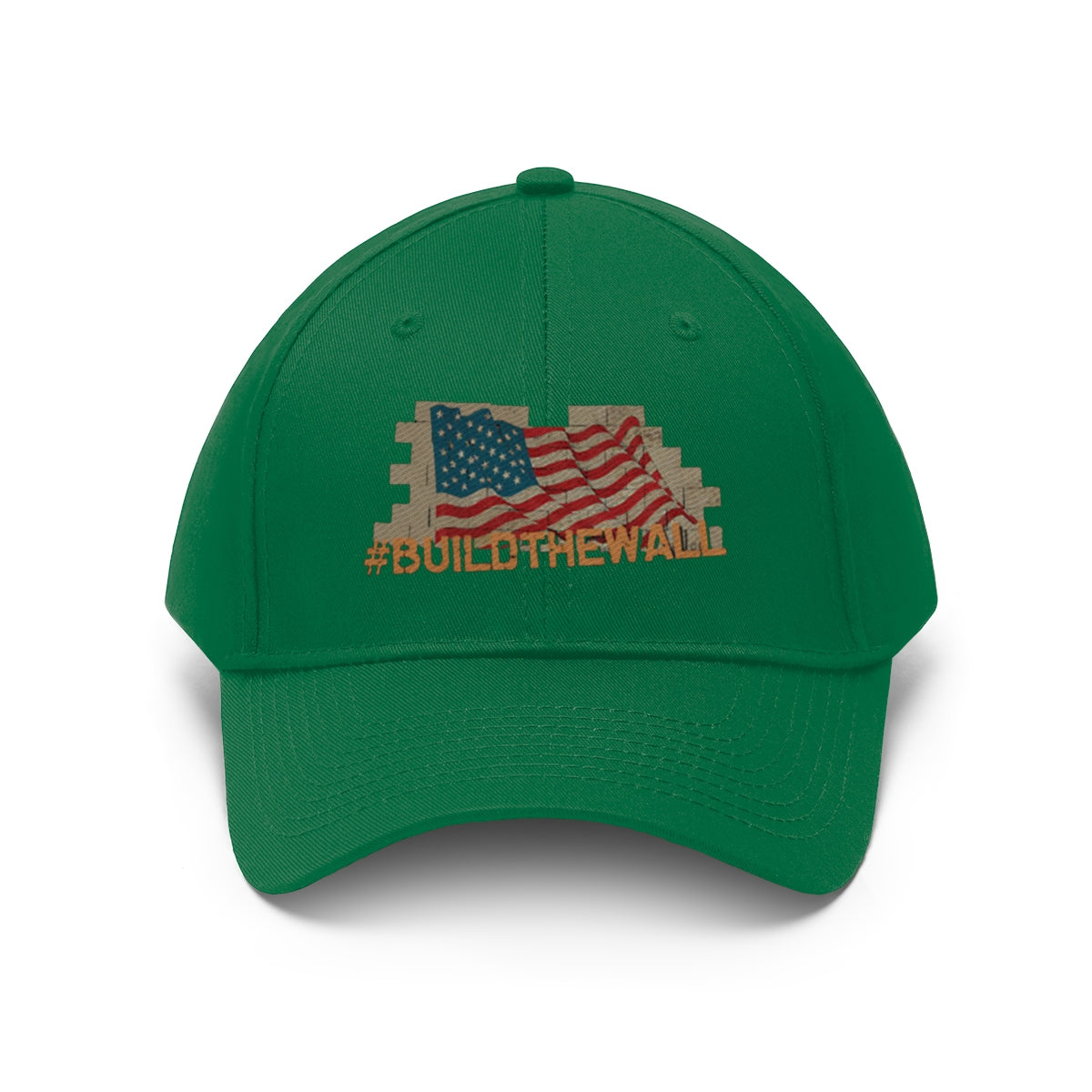 Build The Wall On American Flag Twill Cap featuring American flag design on a green cap.