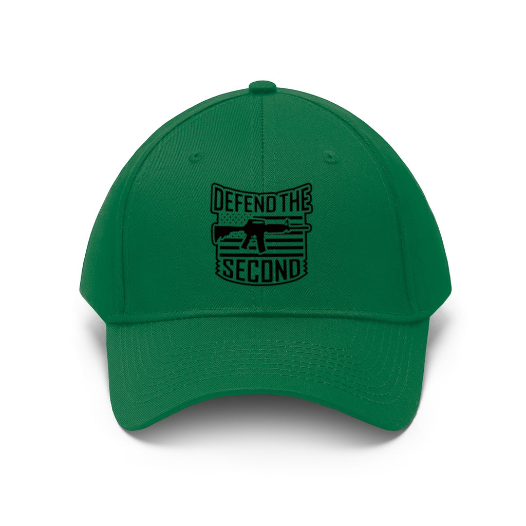 Defend the Second Patriotic Twill Cap featuring bold graphic design on a green baseball hat.