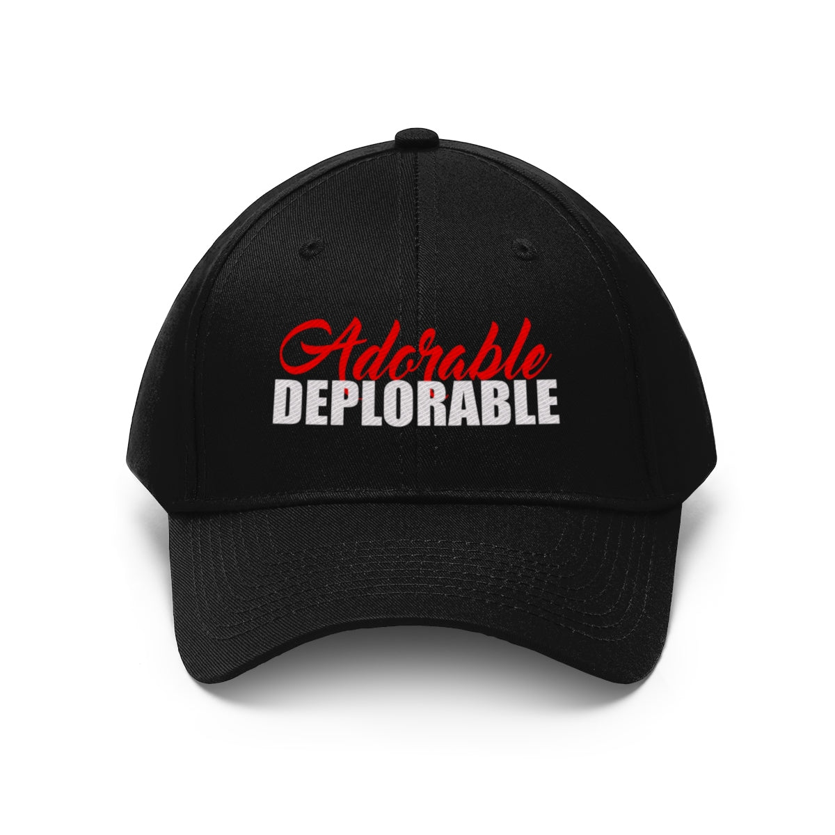 Adorable Deplorable Embroidered Twill Cap featuring bold red and white lettering on a black background.