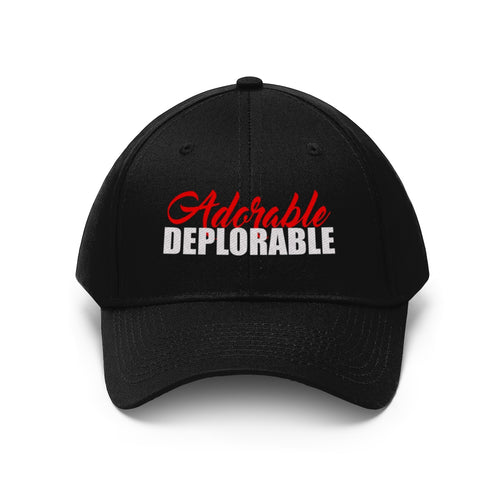 Adorable Deplorable Embroidered Twill Cap featuring bold red and white lettering on a black background.