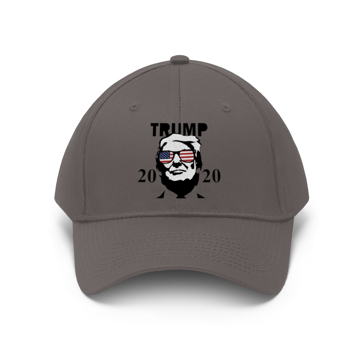 Trump 2020 With US Flag Glasses Twill Cap featuring a bold graphic design of Trump wearing US flag glasses.