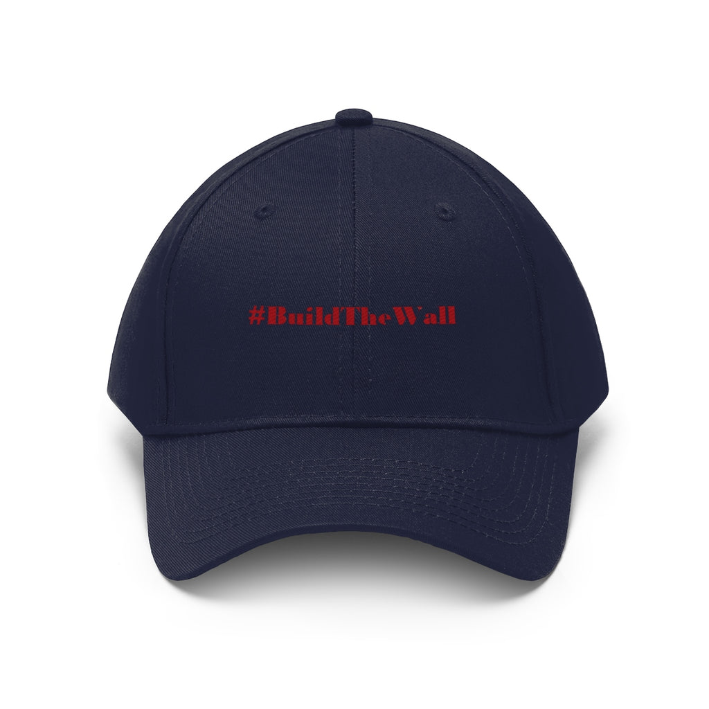 Build The Wall Twill Cap Political Statement Casual Cap featuring a bold #BuildTheWall slogan on a navy background.