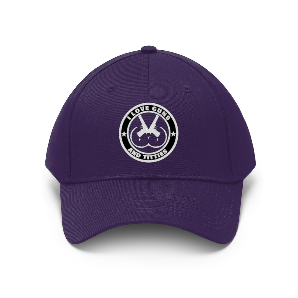 I Love Guns And Titties Twill Cap in purple with a graphic logo on the front.
