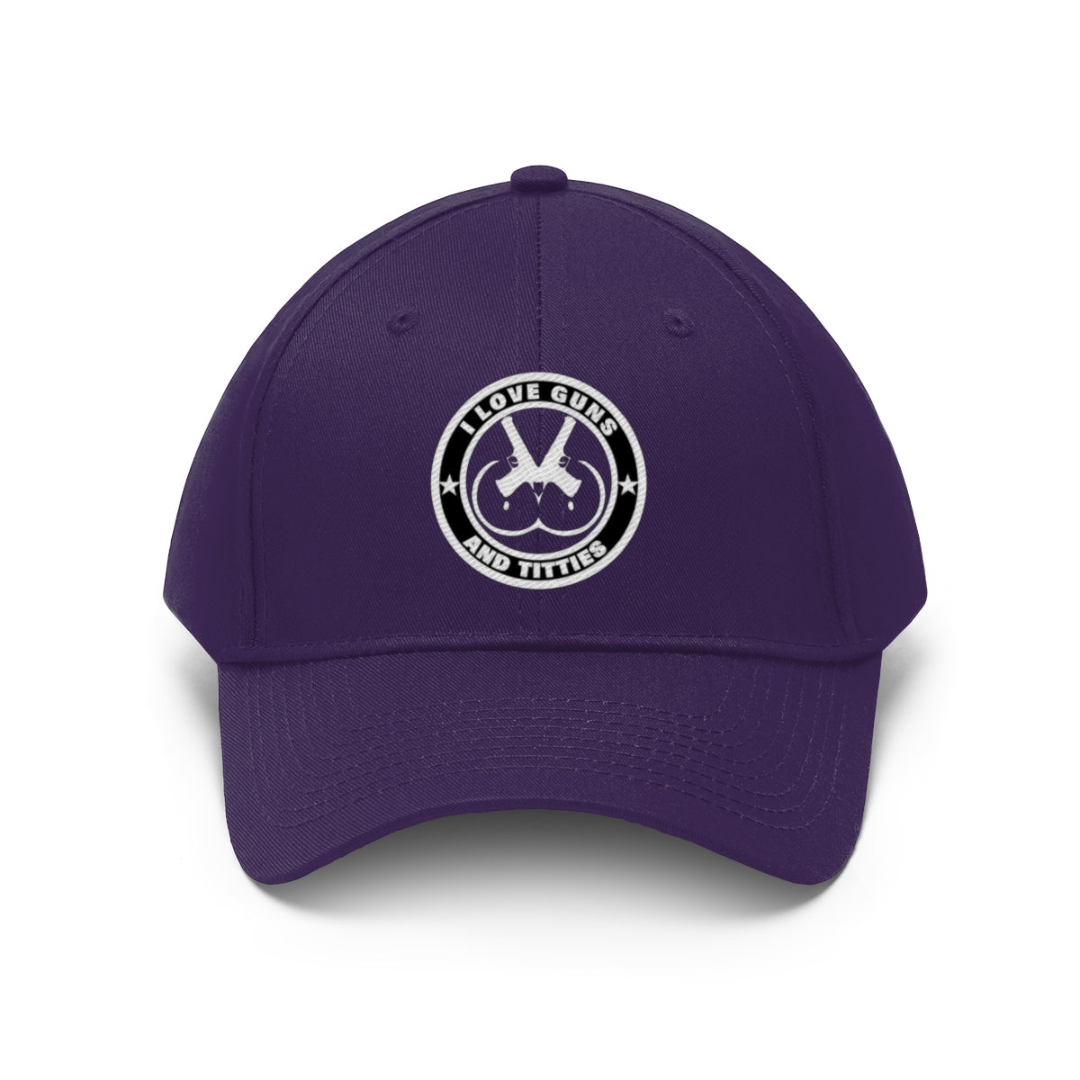 I Love Guns And Titties Twill Cap in purple with a graphic logo on the front.