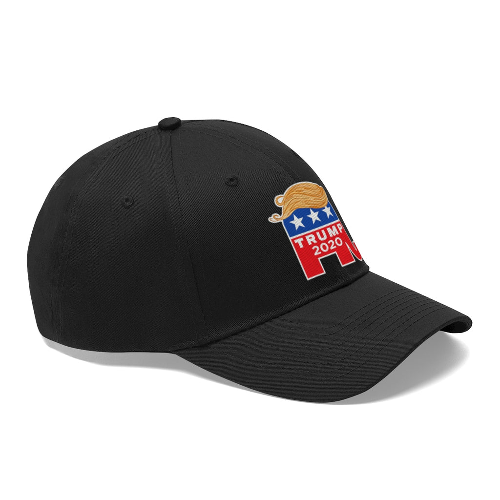 Hair 2020 Twill Baseball Cap Featuring Trump in black with a Trump campaign logo.
