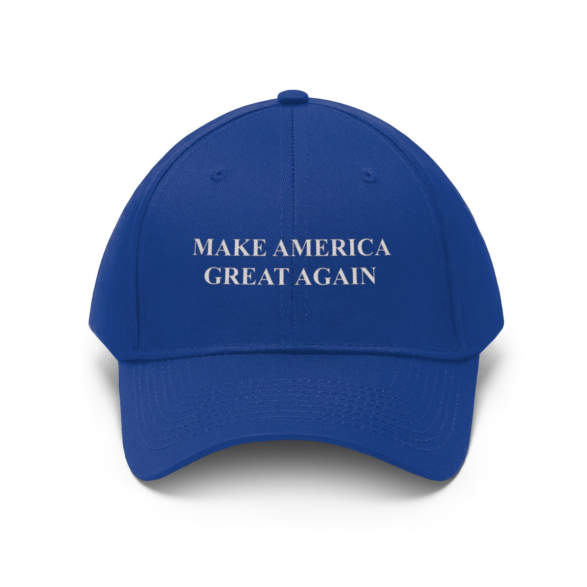 Make America Great Again Twill Cap in blue featuring bold white text.