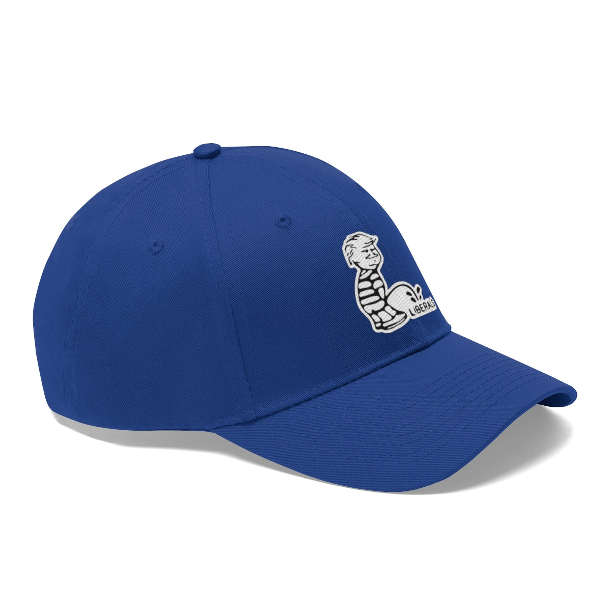 Trump USA Pride Embroidered Twill Cap featuring bold embroidered design on a blue baseball cap.