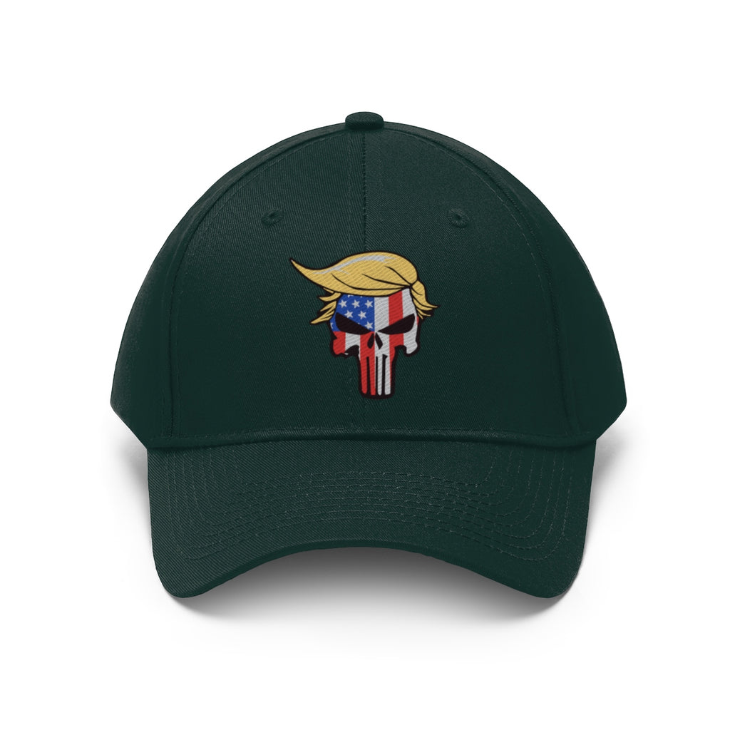 Classic Punisher Twill Cap with Trump Design featuring a hat with a Trump skull emblem and American flag colors.