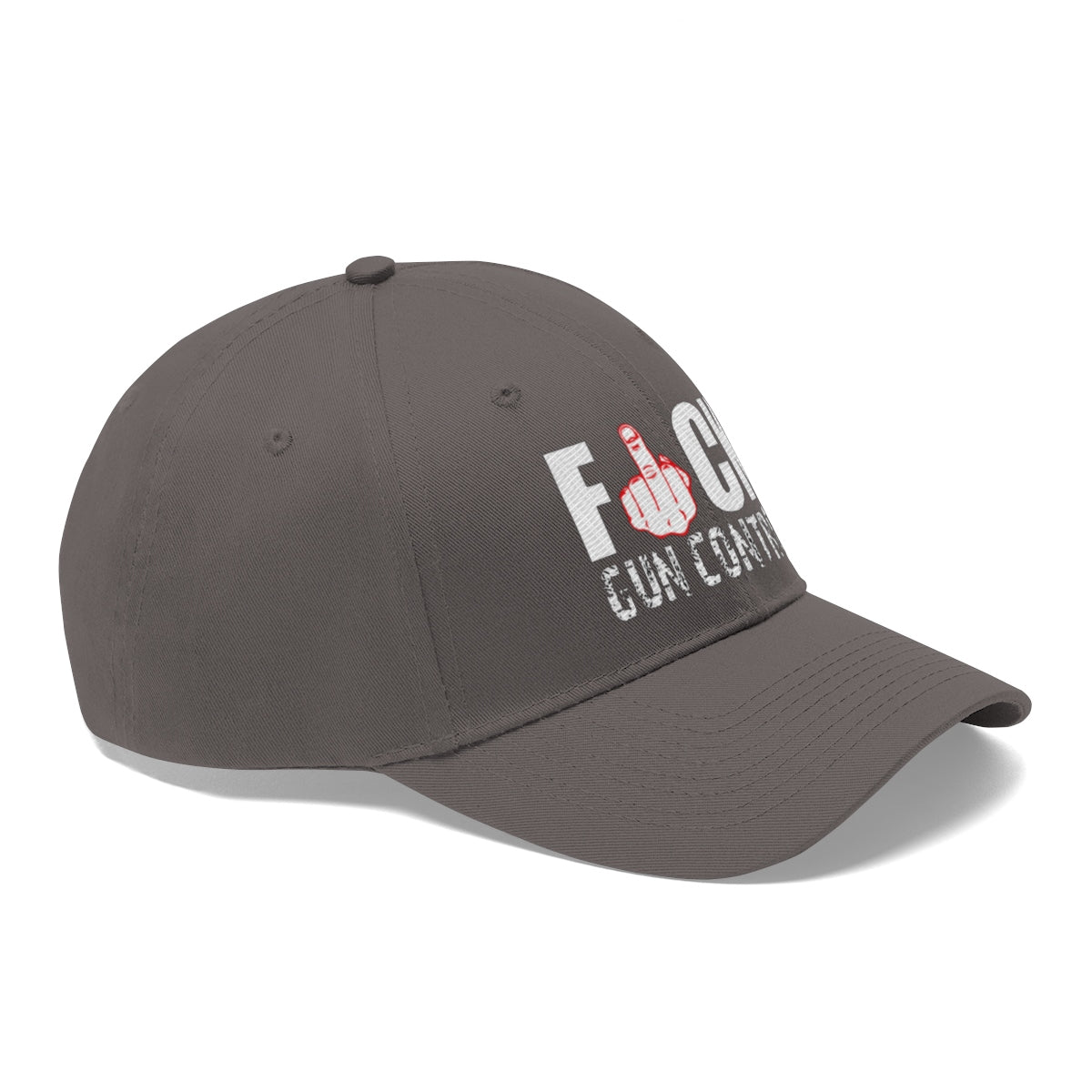 Fuck Gun Control Red Finger Twill Baseball Cap side view showcasing bold design and statement.