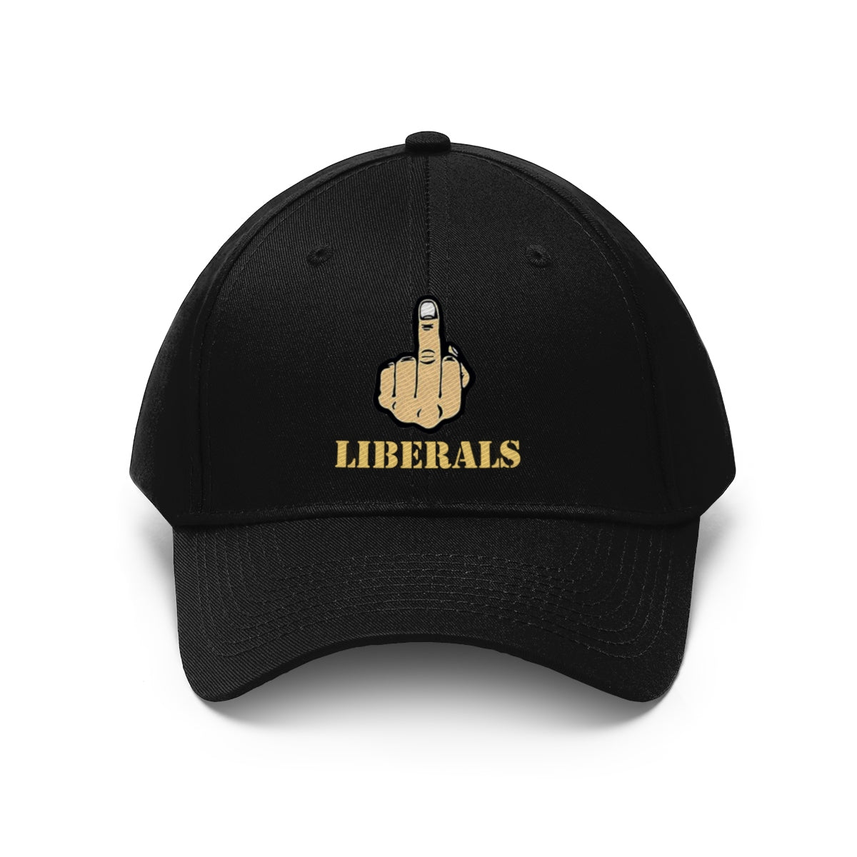 Vintage Fuck Liberals Cotton Twill Cap Design featuring a bold finger gesture and the word 'LIBERALS'.
