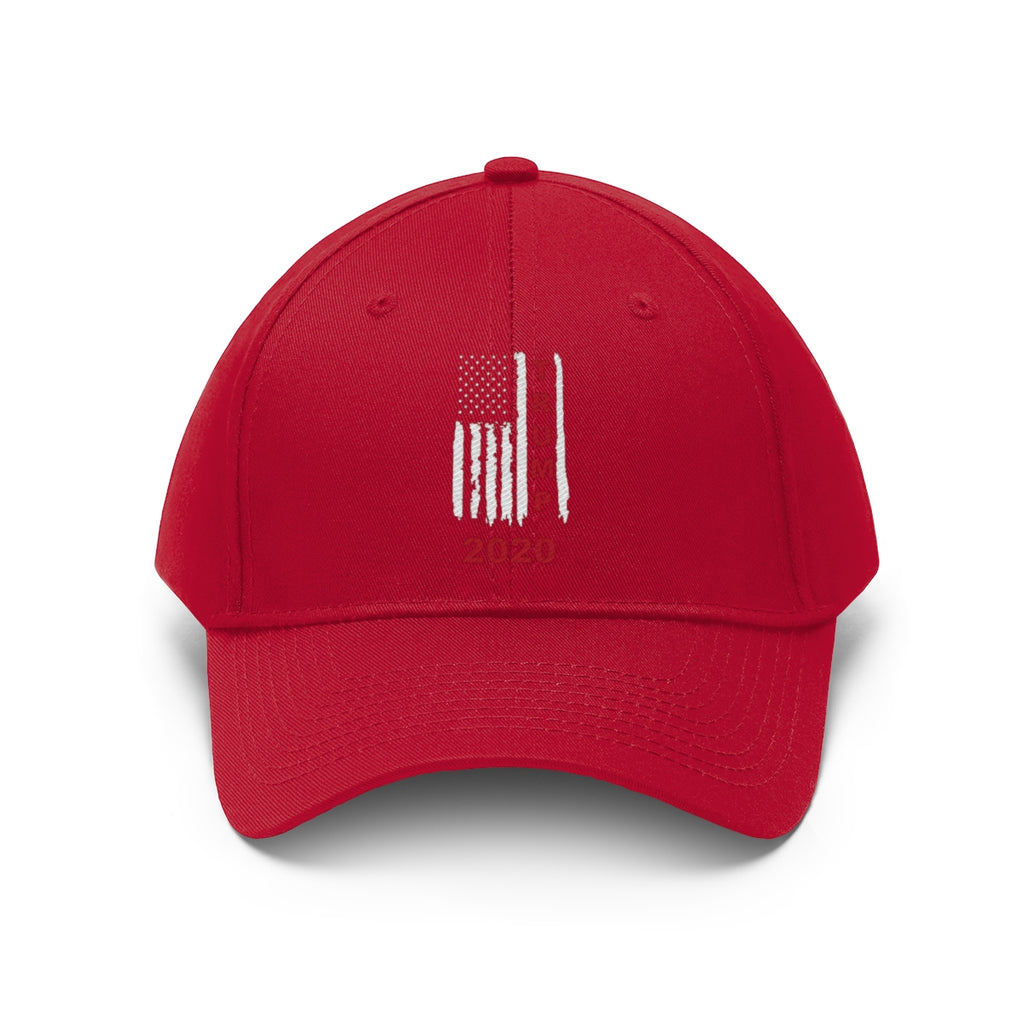 Trump 2020 Red On Distressed American Flag Twill Cap displayed from front view, featuring a red color and a minimalist design.