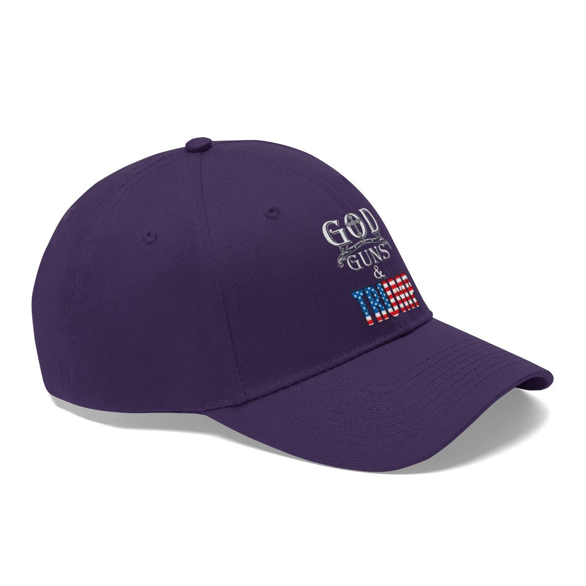 God Guns And Twill Cap Trump Patriotic Statement Hat in purple color with embroidered text and American flag design.
