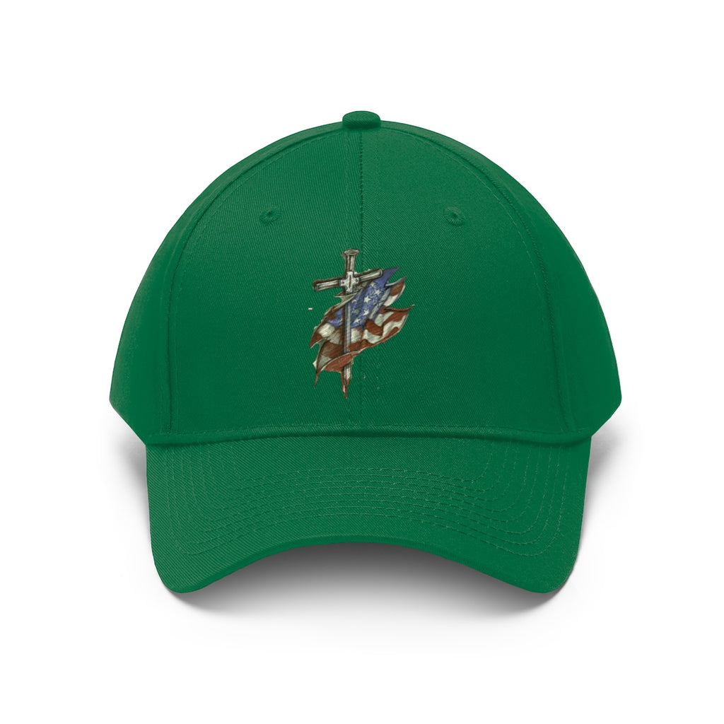 Dagger and Sword Embroidered Twill Cap featuring a sword and flag design on a green cap.