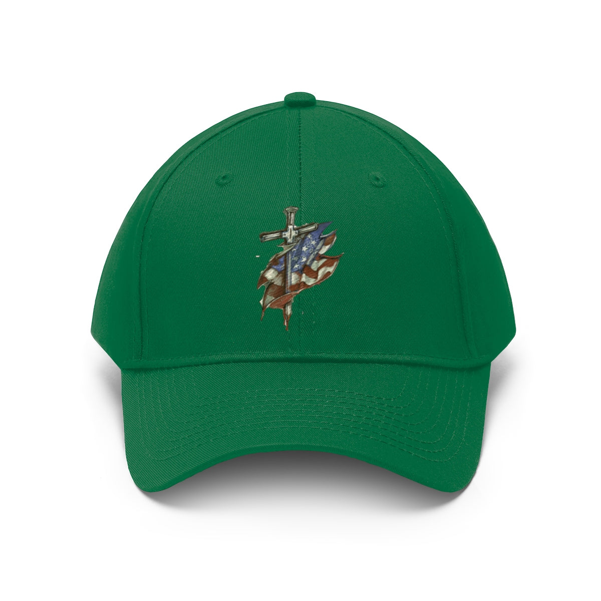 Dagger and Sword Embroidered Twill Cap featuring a sword and flag design on a green cap.