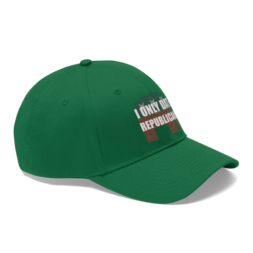 I Only Date Republicans Twill Cap in green with bold statement design for political dating fashion.