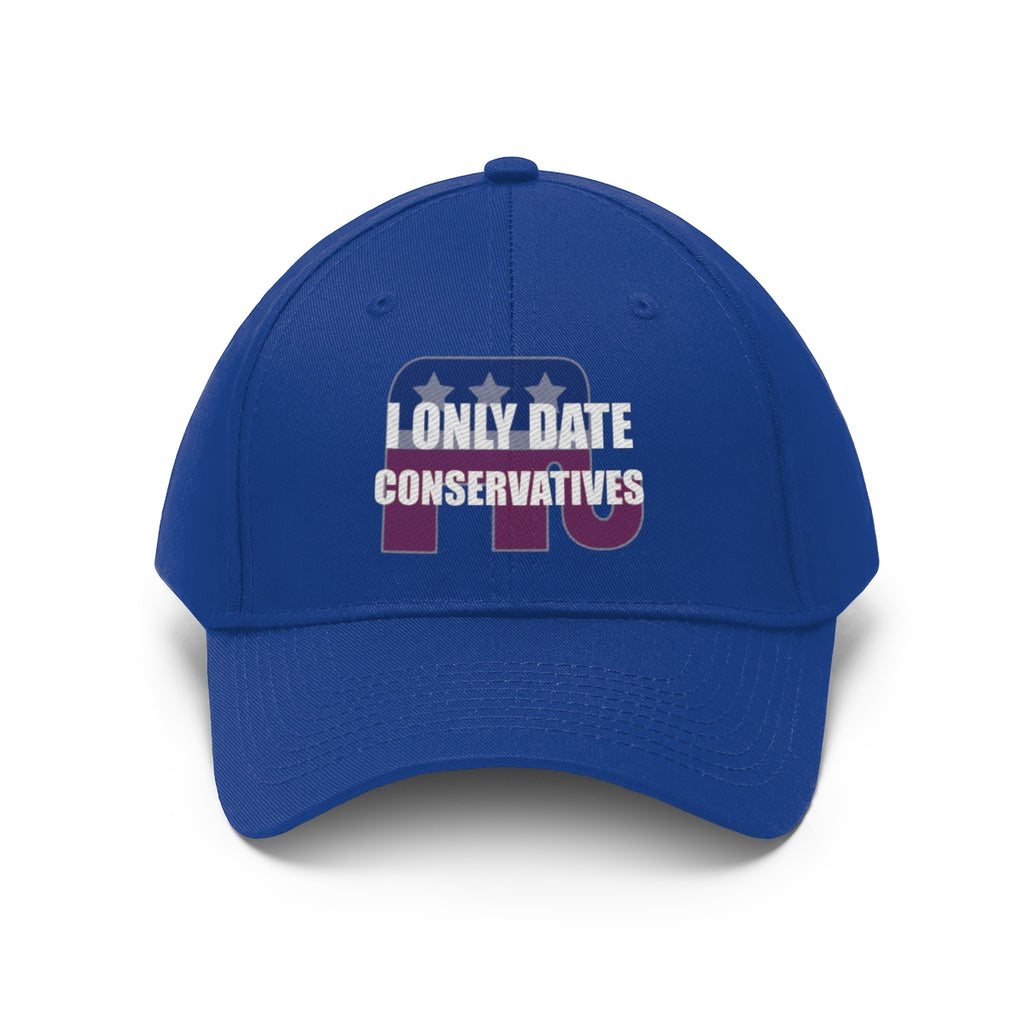 I Only Date Conservatives Twill Cap in blue with bold political message and star design.