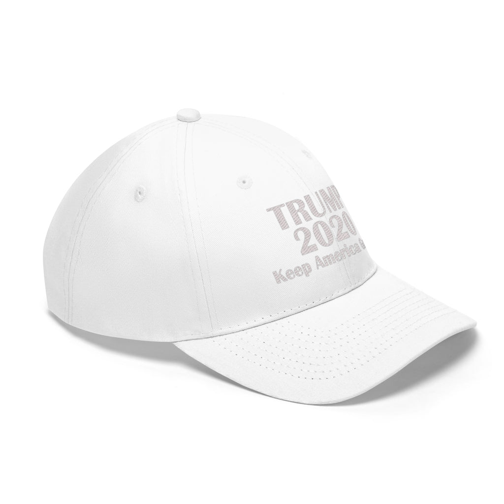 Trump 2020 Keep America Great Campaign Twill Cap in white color showcasing bold political message.