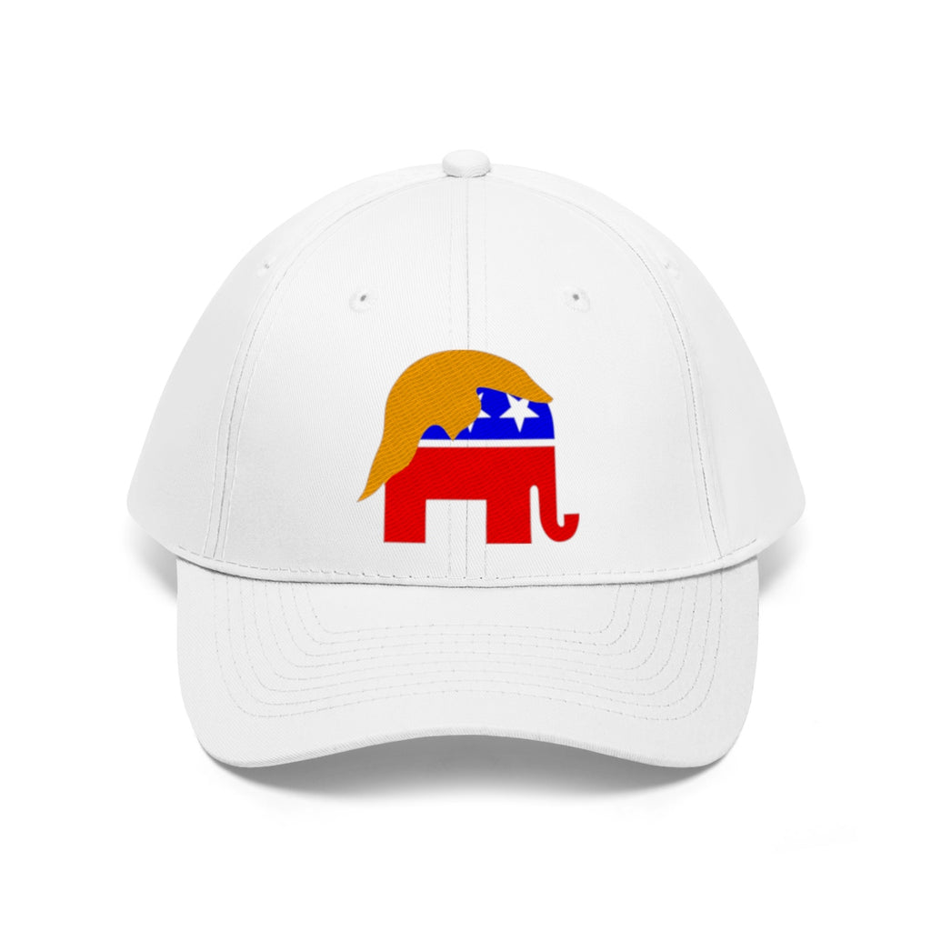 GOP Symbol With Trump Hair Twill Cap featuring an elephant logo and Trump hairstyle on a white dad hat.