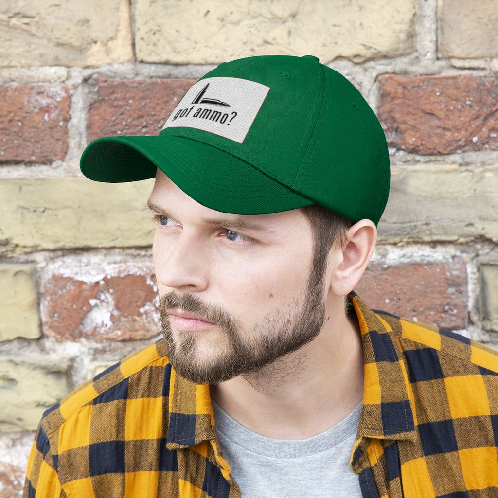 Got Ammo Twill Cap Funny Tactical Style Cap worn by a man with a beard, posing against a brick wall.