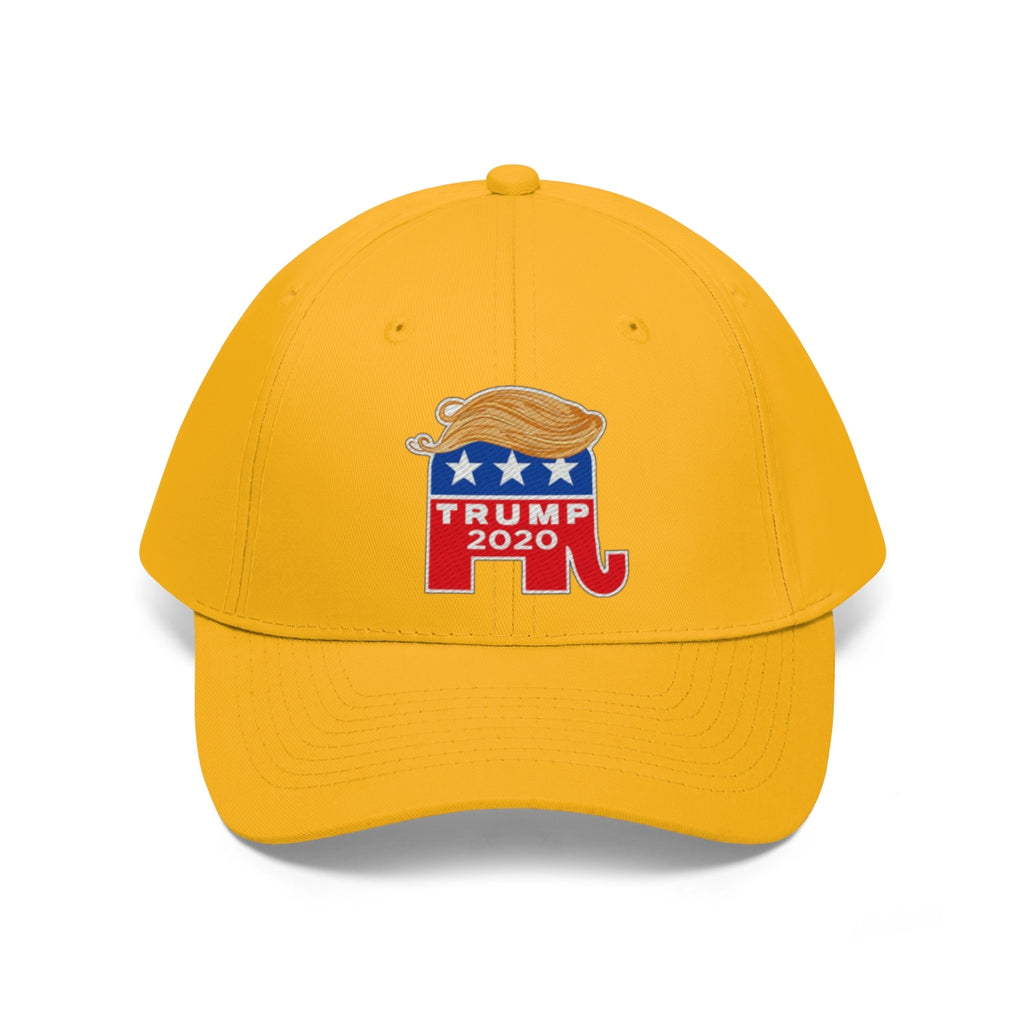 Hair 2020 Twill Baseball Cap Featuring Trump in bright yellow, showcasing a unique design with an elephant and stars.