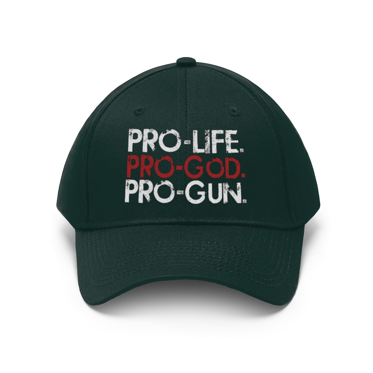 Pro-Life Pro-God Pro-Gun Cotton Twill Cap featuring a defiant statement design on a dark cap.
