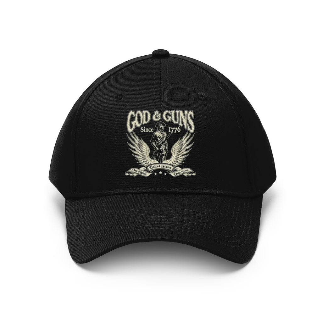 God And Guns Since 1776 Twill Cap black baseball hat showcasing faith and firearm ownership heritage.