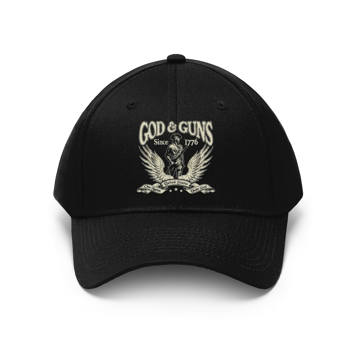 God And Guns Since 1776 Twill Cap black baseball hat showcasing faith and firearm ownership heritage.