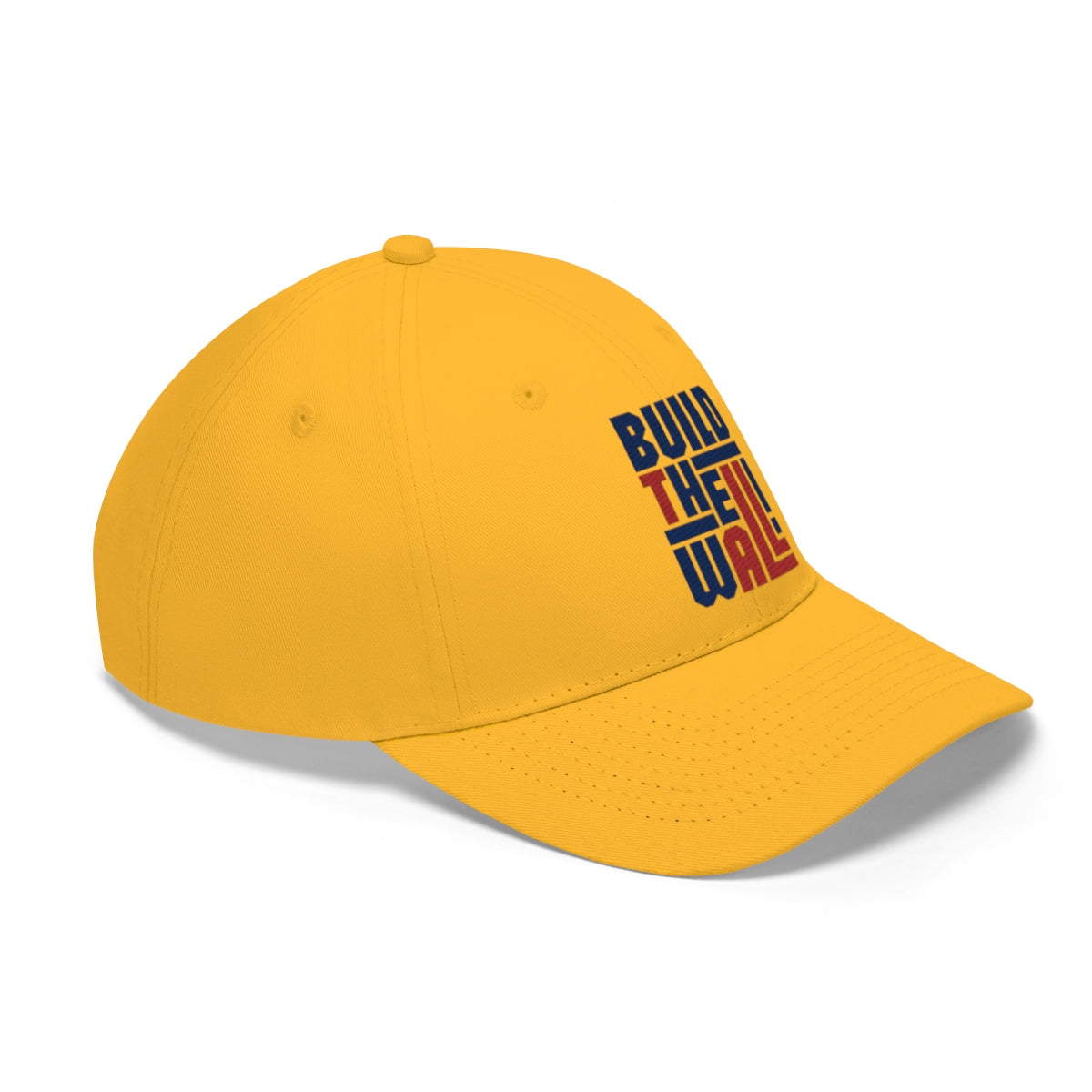 Build The Wall Twill Cap Classic Statement Wear Cap in yellow with bold text for expressing values.