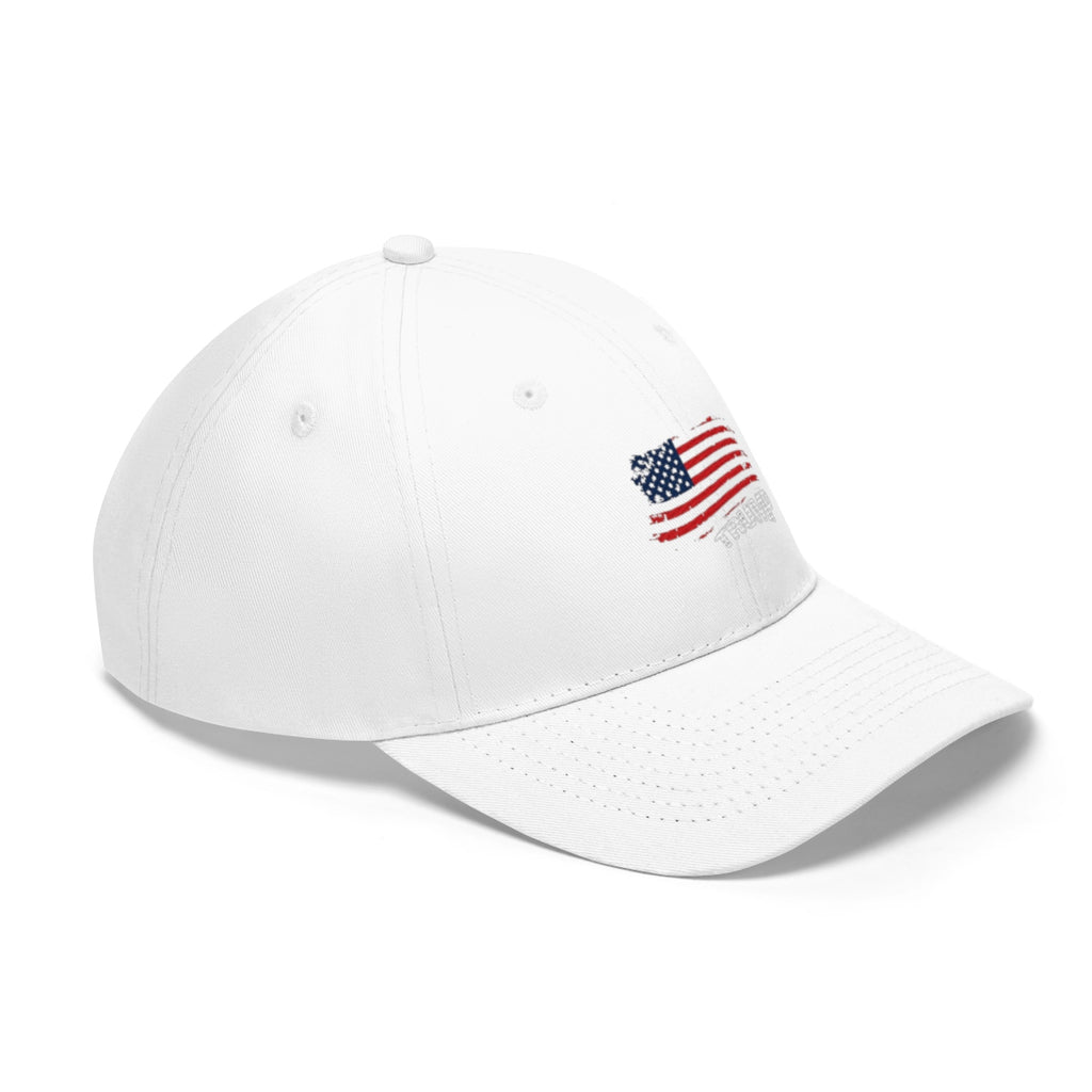American Flag Twill Cap Trump Bold Supporter Cap featuring a patriotic design on a white dad hat.