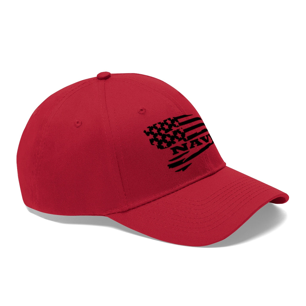 Navy On Distressed American Flag Twill Cap displayed in red with black flag design.