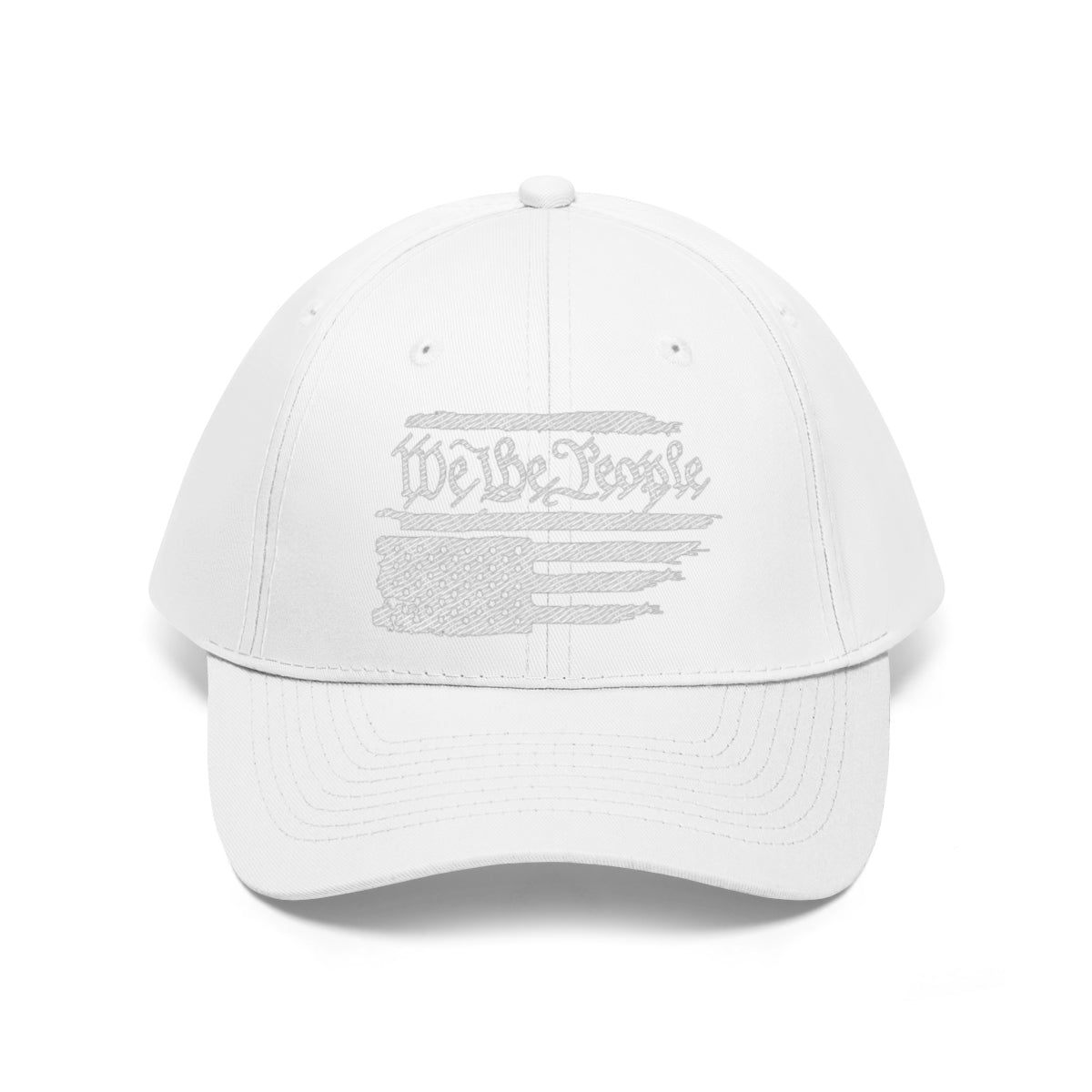 We The People On Distressed American Flag Twill Cap in white showing distressed flag design.